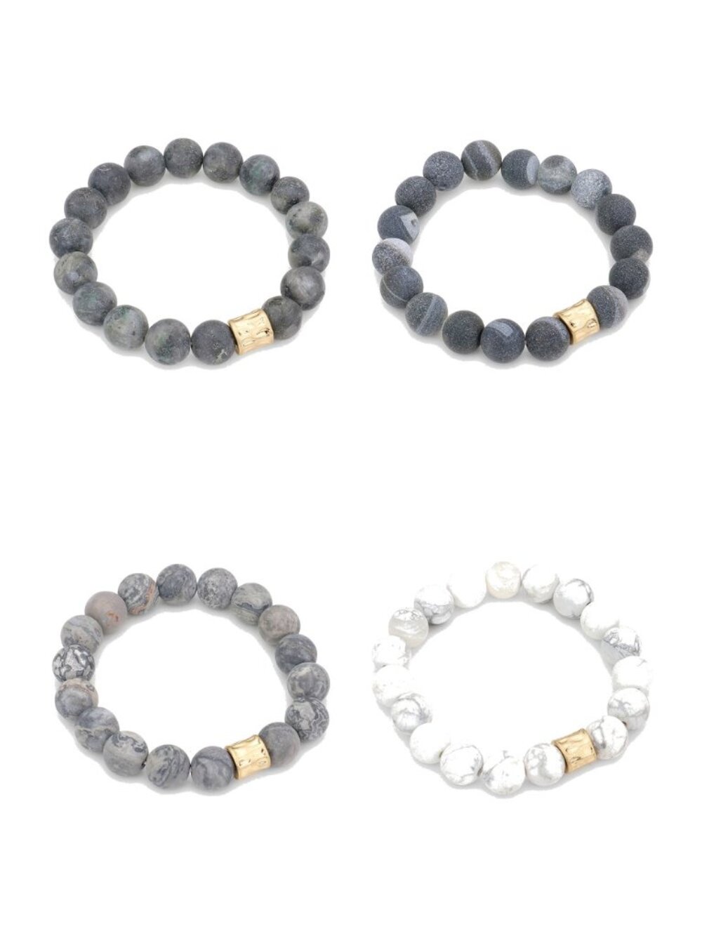 4 Bracelet Stack - Gray and White Semi-Precious Stone Stretch Bracelets, 8mm